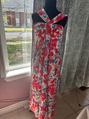 Grace Karin White Maxi Dress with Pink and Blue Floral Print